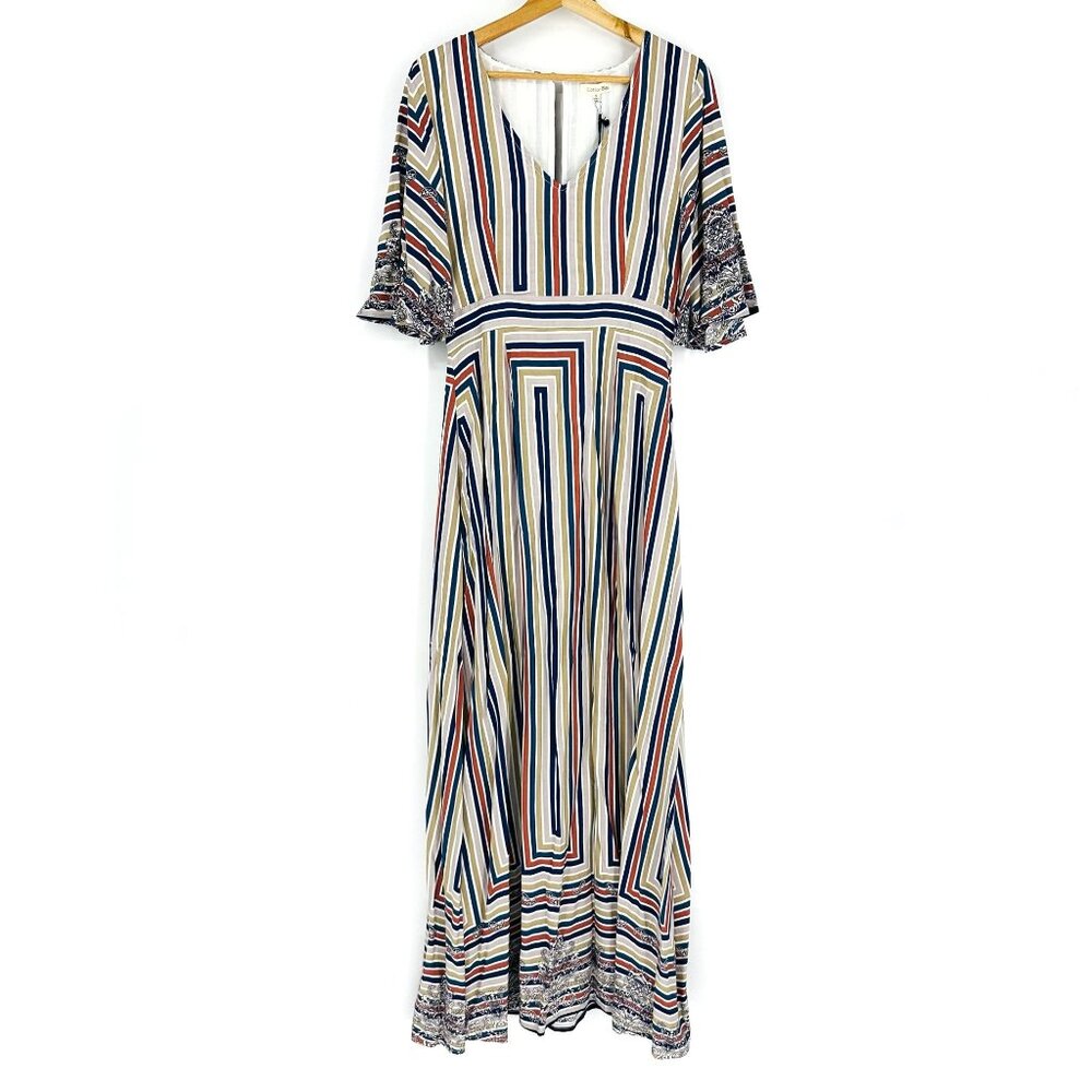 Cotton Bleu Multi Flutter Sleeve Striped Scarf Print V-neck Keyhole Maxi Dress S